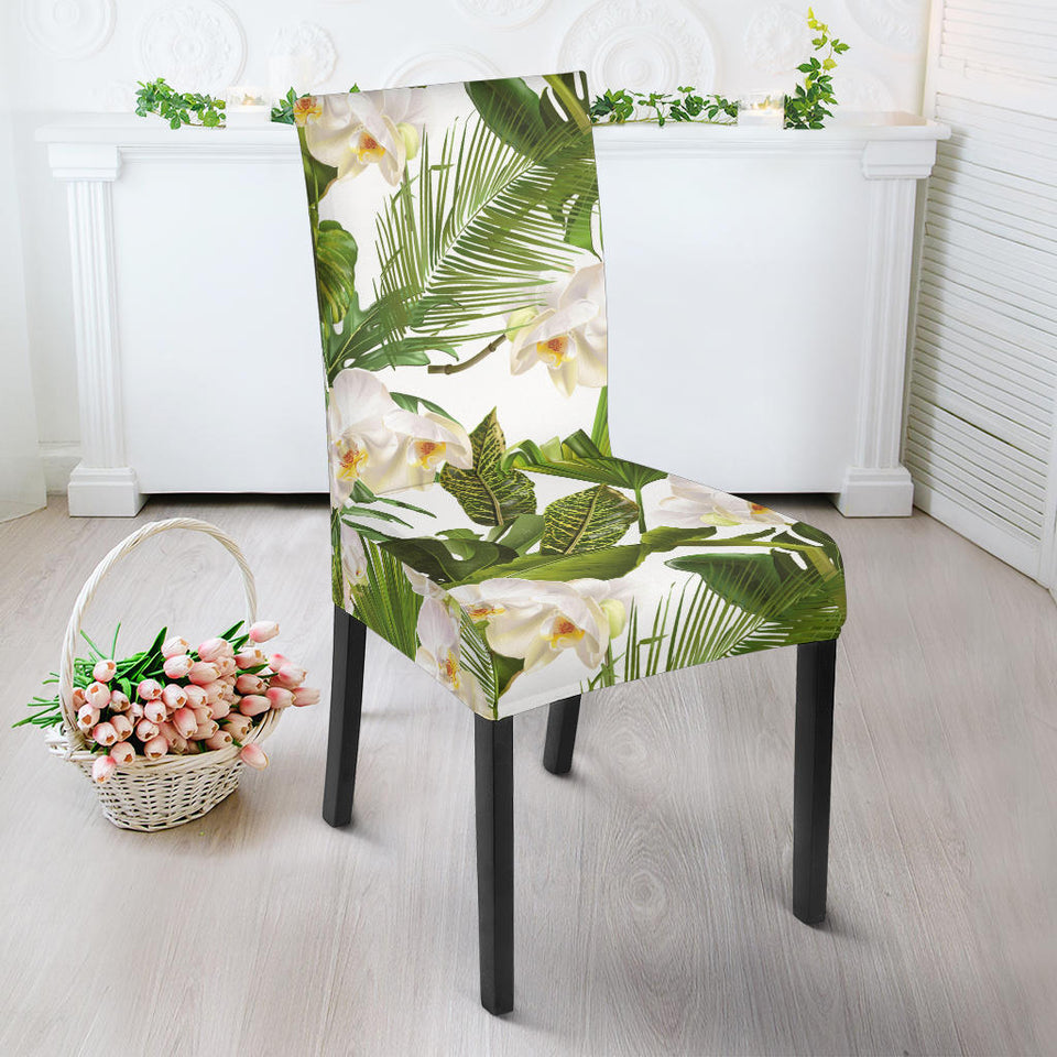 White Orchid Flower Tropical Leaves Pattern Dining Chair Slipcover