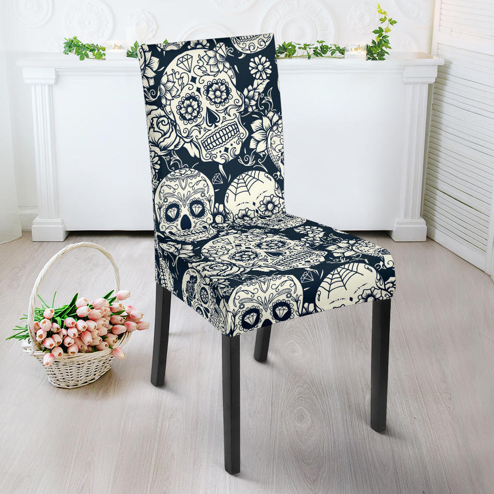 Sugar Skull Black White Pattern Dining Chair Slipcover