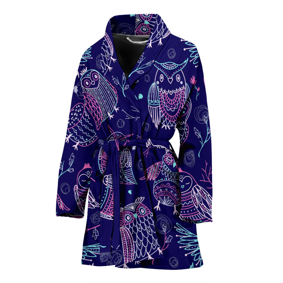 Cute Owls Pattern Boho Style Ornament Women'S Bathrobe