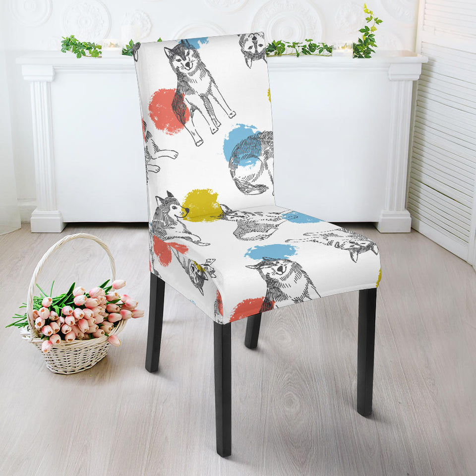 Siberian Husky And Colorful Circle Pattern Dining Chair Slipcover