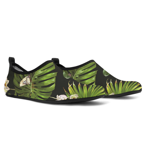 White Orchid Flower Tropical Leaves Pattern Blackground Aqua Shoes