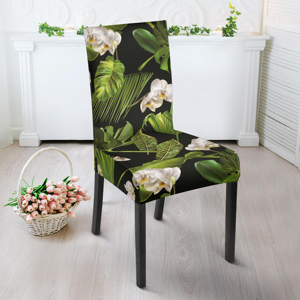 White Orchid Flower Tropical Leaves Pattern Blackground Dining Chair Slipcover
