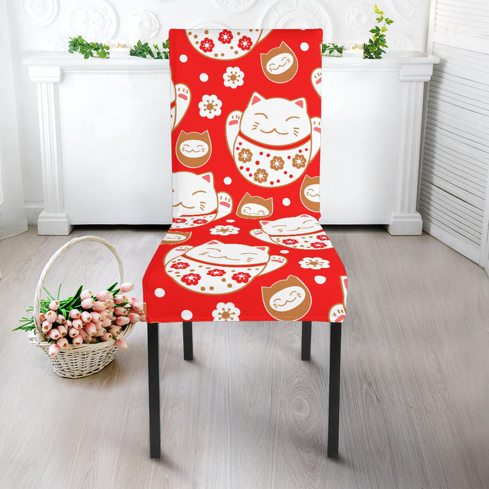 Cute Maneki Neko Lucky Cat Red Background Dining Chair Slipcover