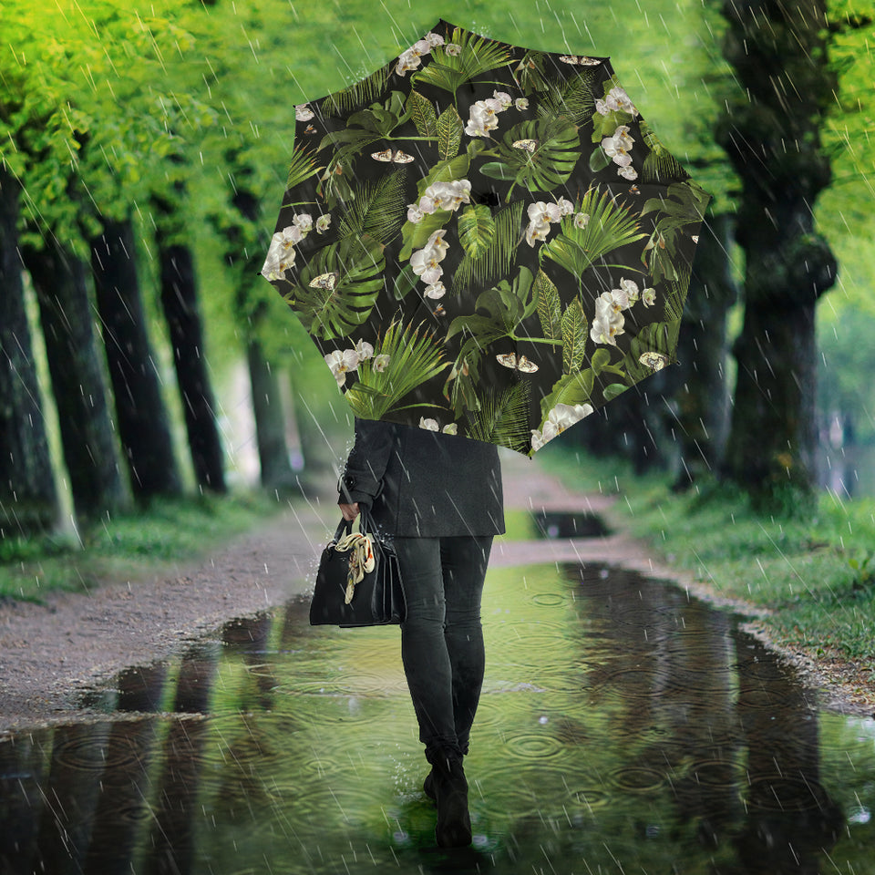 White Orchid Flower Tropical Leaves Pattern Blackground Umbrella