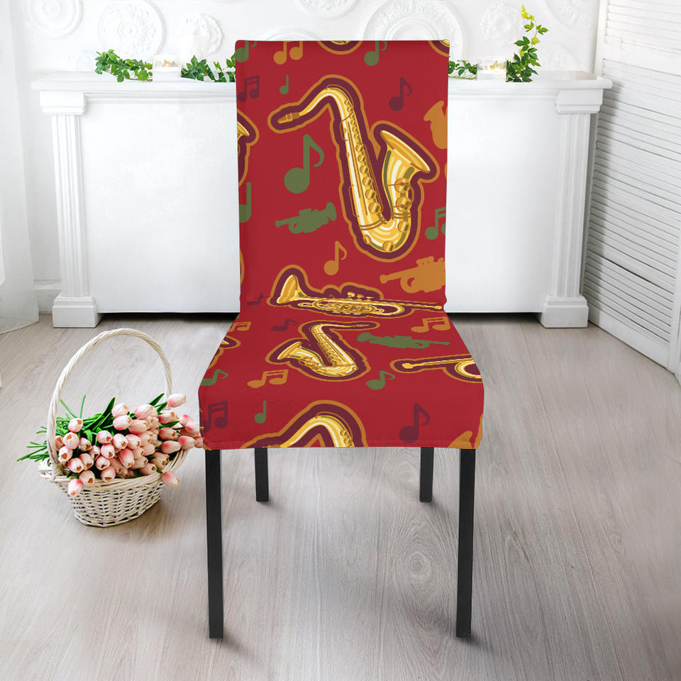 Saxophone Cornet Pattern Red Background Dining Chair Slipcover