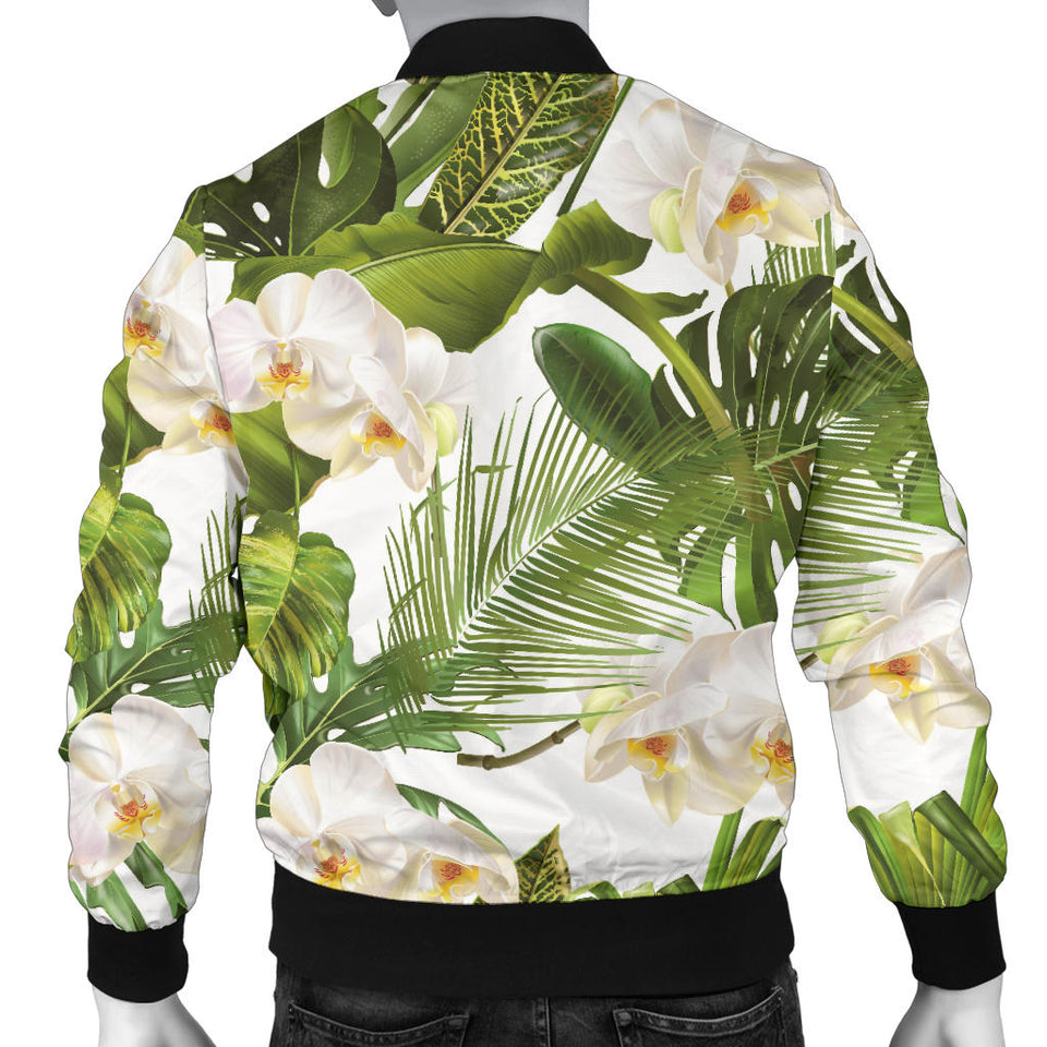 White Orchid Flower Tropical Leaves Pattern Men'S Bomber Jacket