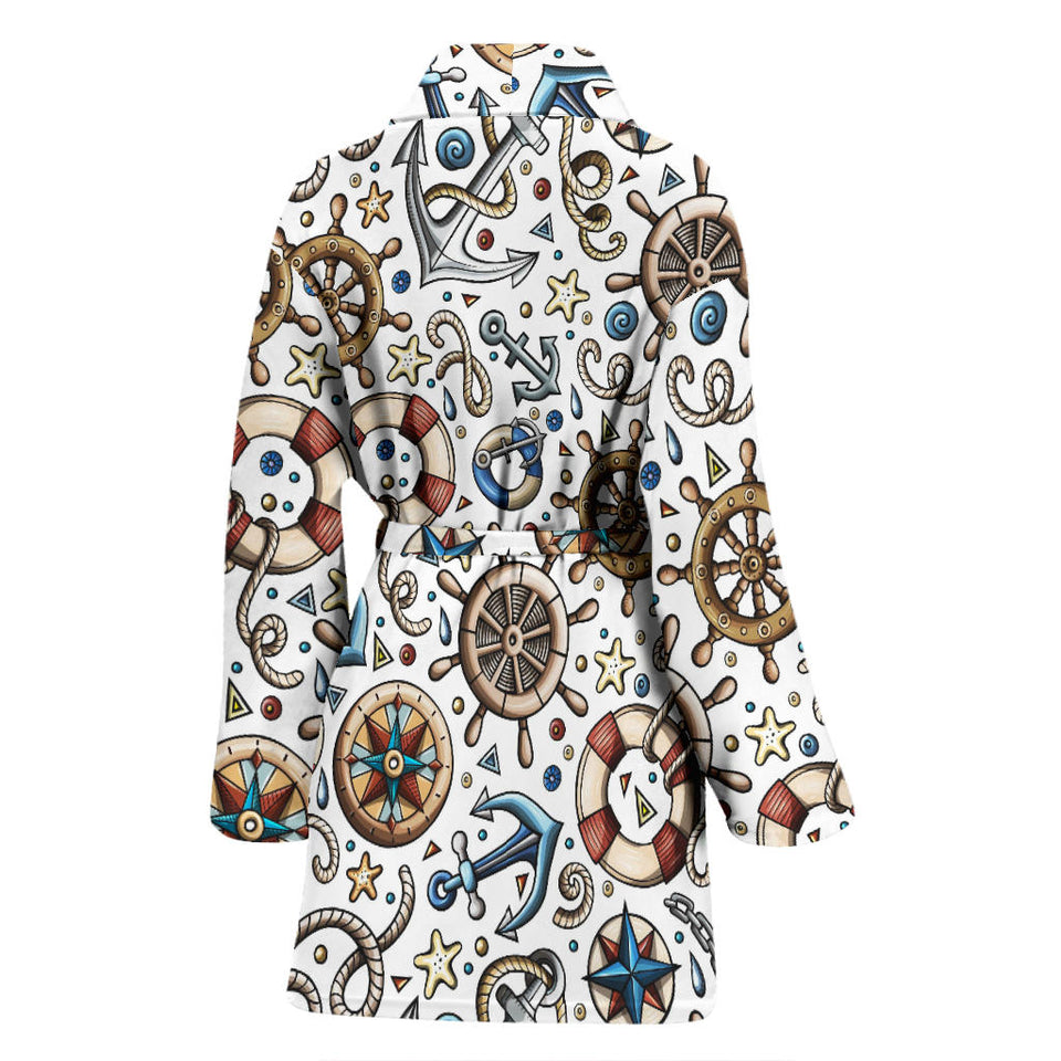 Cute Nautical Steering Wheel Anchor Pattern Women'S Bathrobe