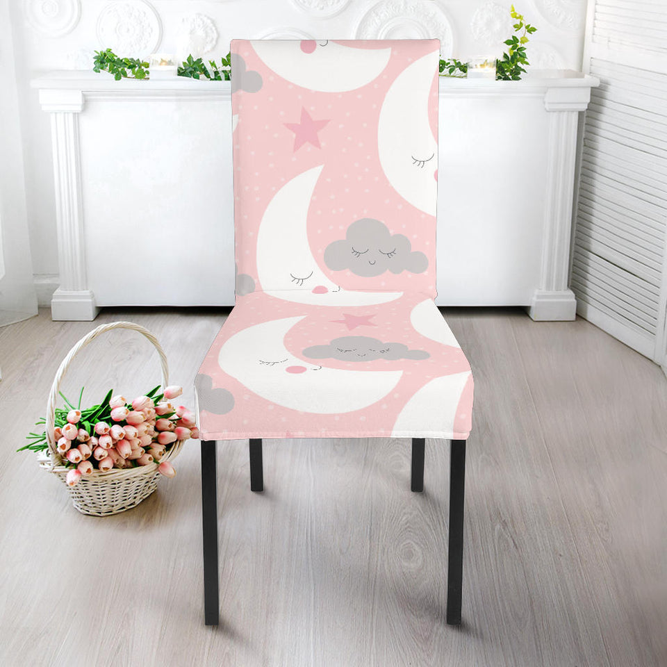 Cute Moon Cloud Star Pattern Pink Dot Background Dining Chair Slipcover