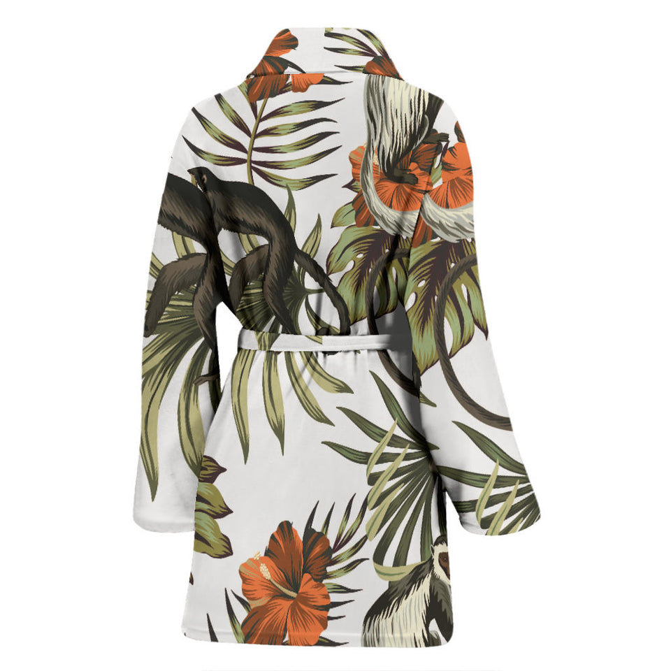 Monkey Red Hibiscus Flower Palm Leaves Floral Pattern Women'S Bathrobe