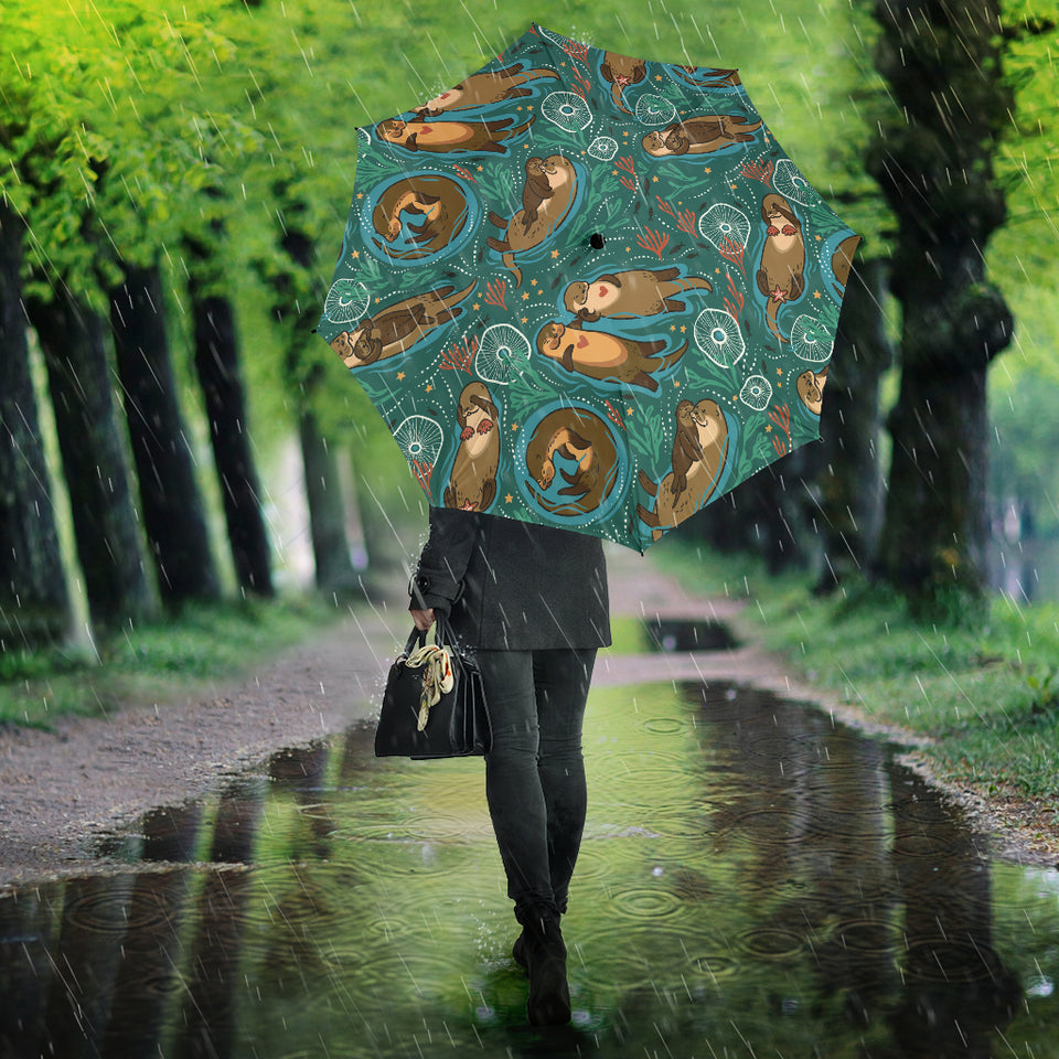 Cute Brown Sea Otters Ornamental Seaweed Corals Green Water Umbrella