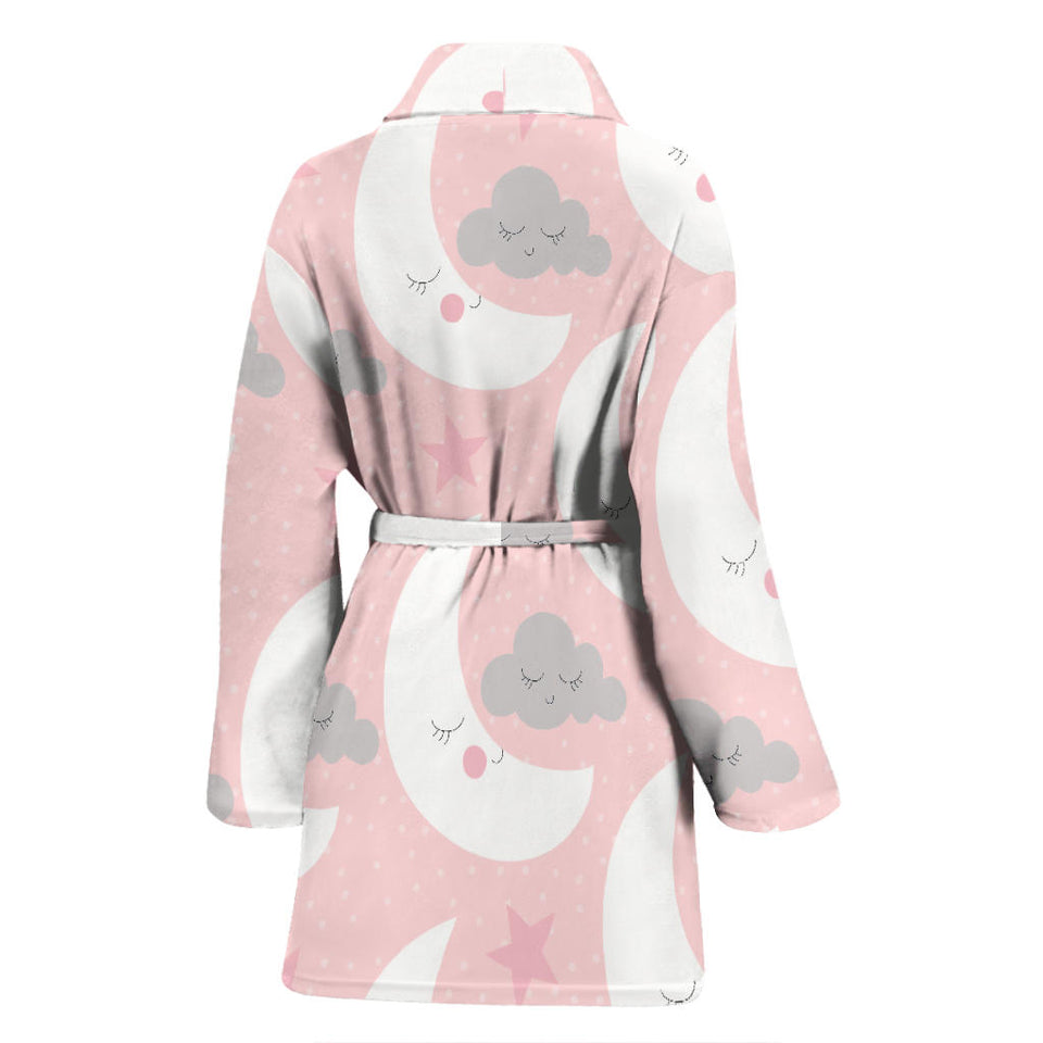 Cute Moon Cloud Star Pattern Pink Dot Background Women'S Bathrobe