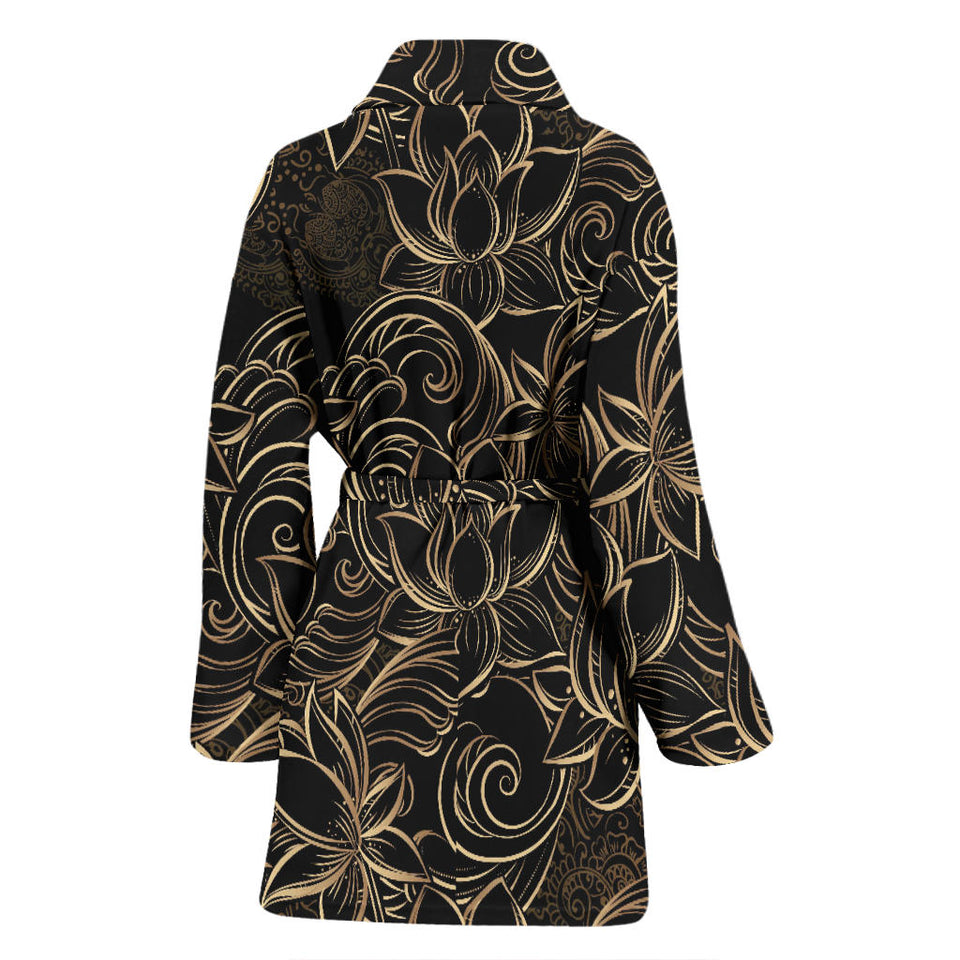 Luxurious Gold Lotus Waterlily Black Background Women'S Bathrobe