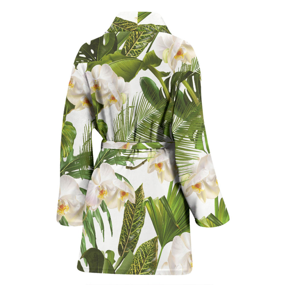 White Orchid Flower Tropical Leaves Pattern Women'S Bathrobe