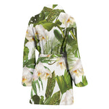 White Orchid Flower Tropical Leaves Pattern Women'S Bathrobe