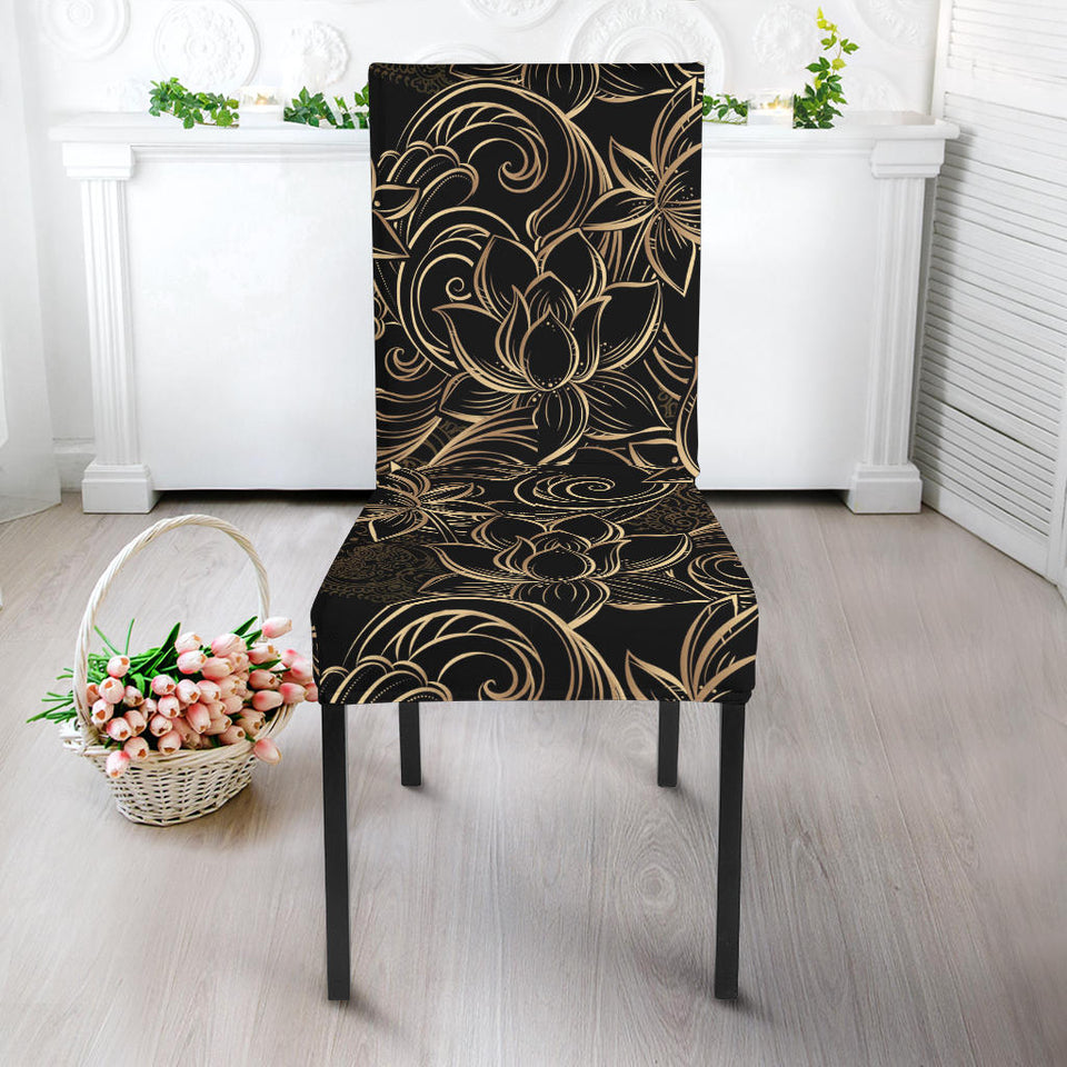 Luxurious Gold Lotus Waterlily Black Background Dining Chair Slipcover