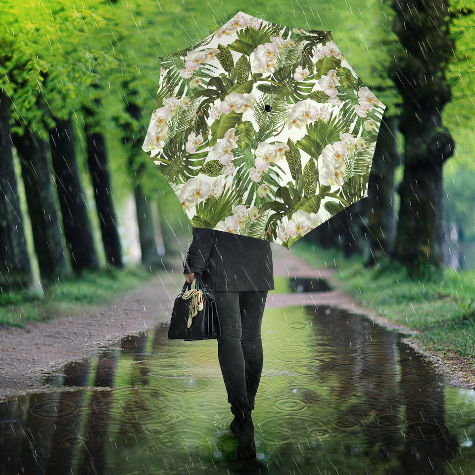 White Orchid Flower Tropical Leaves Pattern Umbrella
