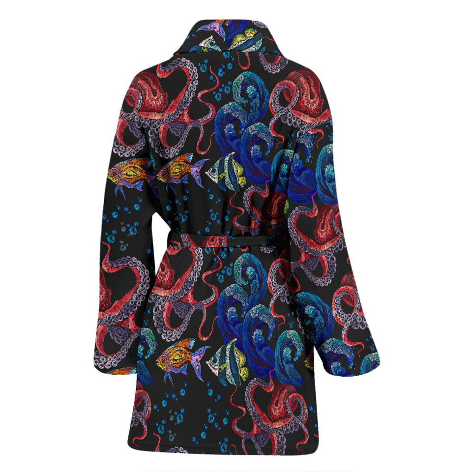 Octopus Sea Wave Tropical Fishe Pattern Women'S Bathrobe