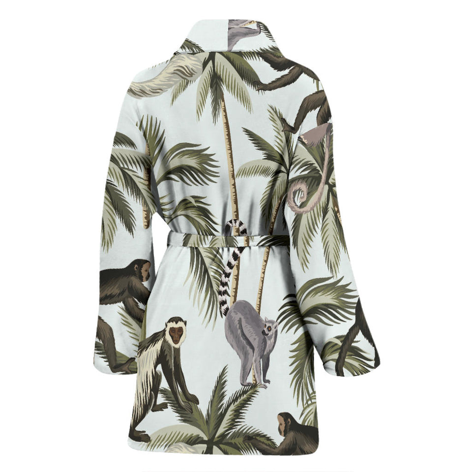 Monkey Sloth Lemur Palm Trees Pattern Women'S Bathrobe