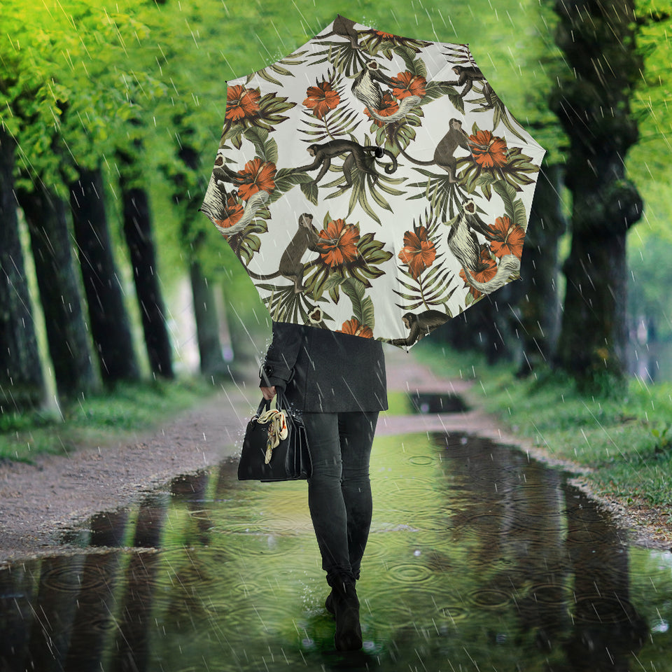 Monkey Red Hibiscus Flower Palm Leaves Floral Pattern Umbrella