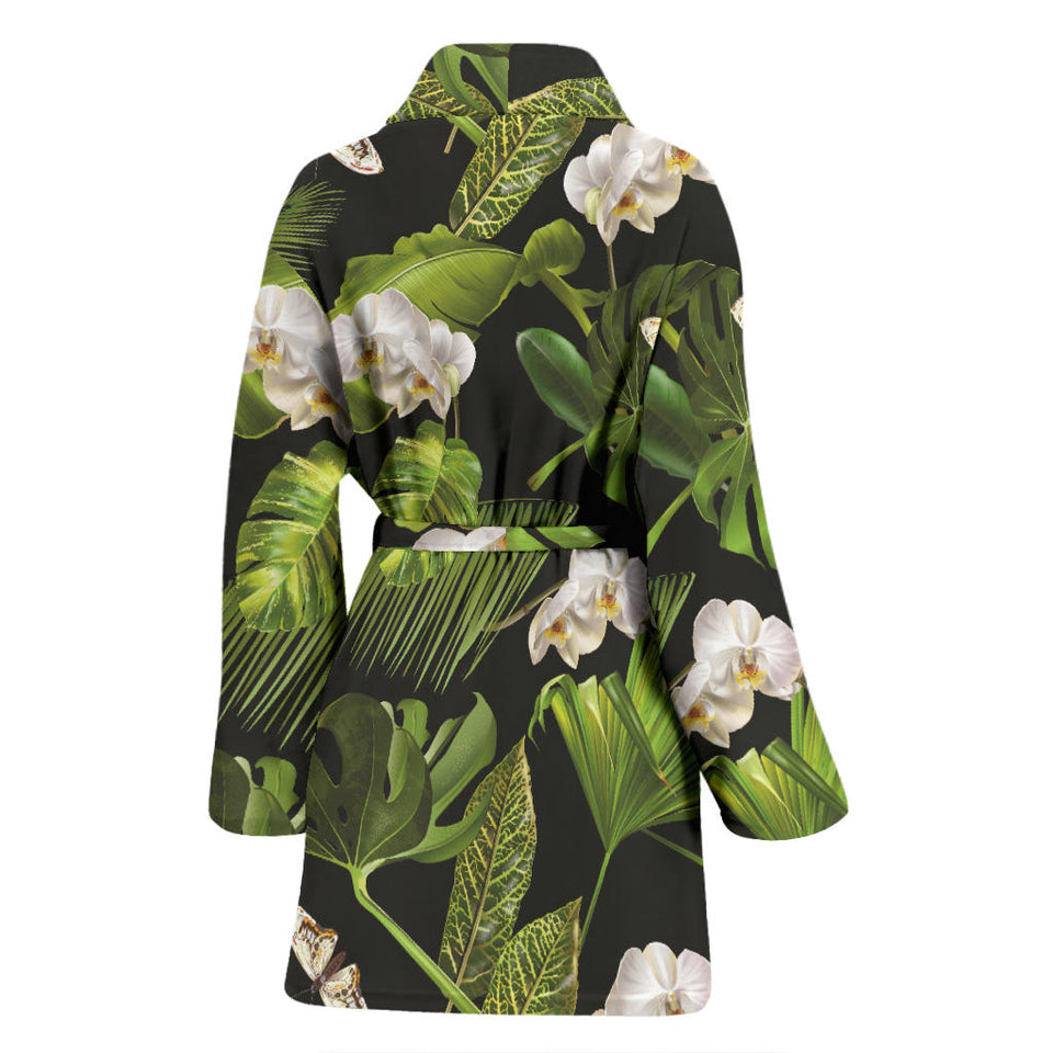White Orchid Flower Tropical Leaves Pattern Blackground Women'S Bathrobe