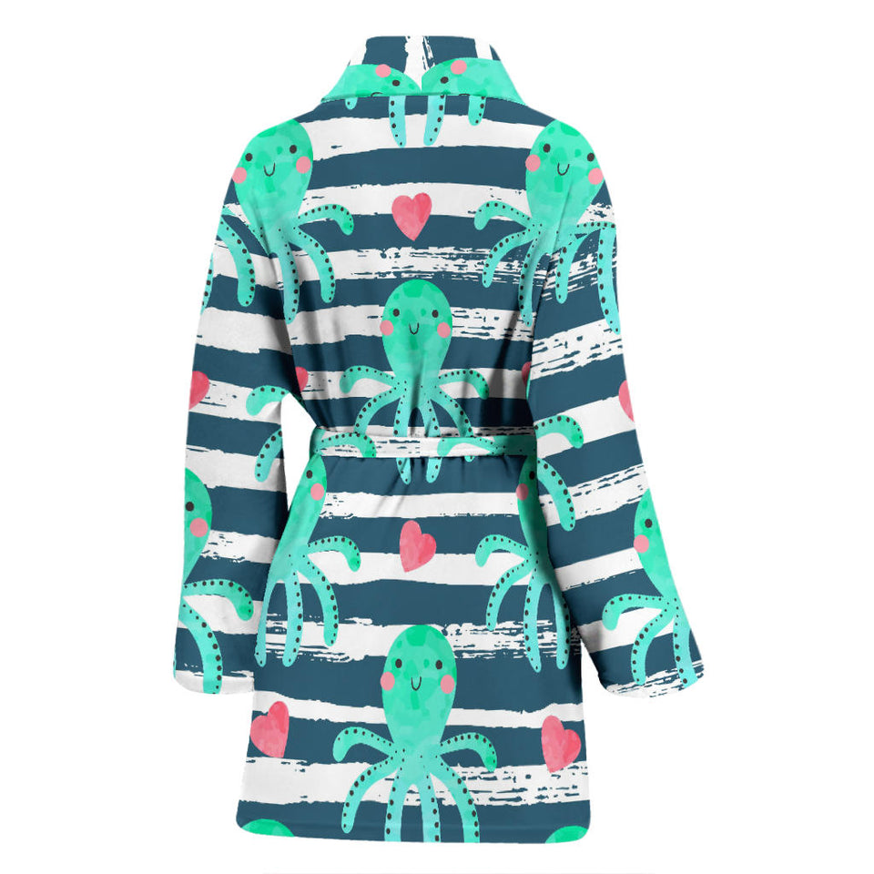 Cute Octopuses Heart Striped Background Women'S Bathrobe