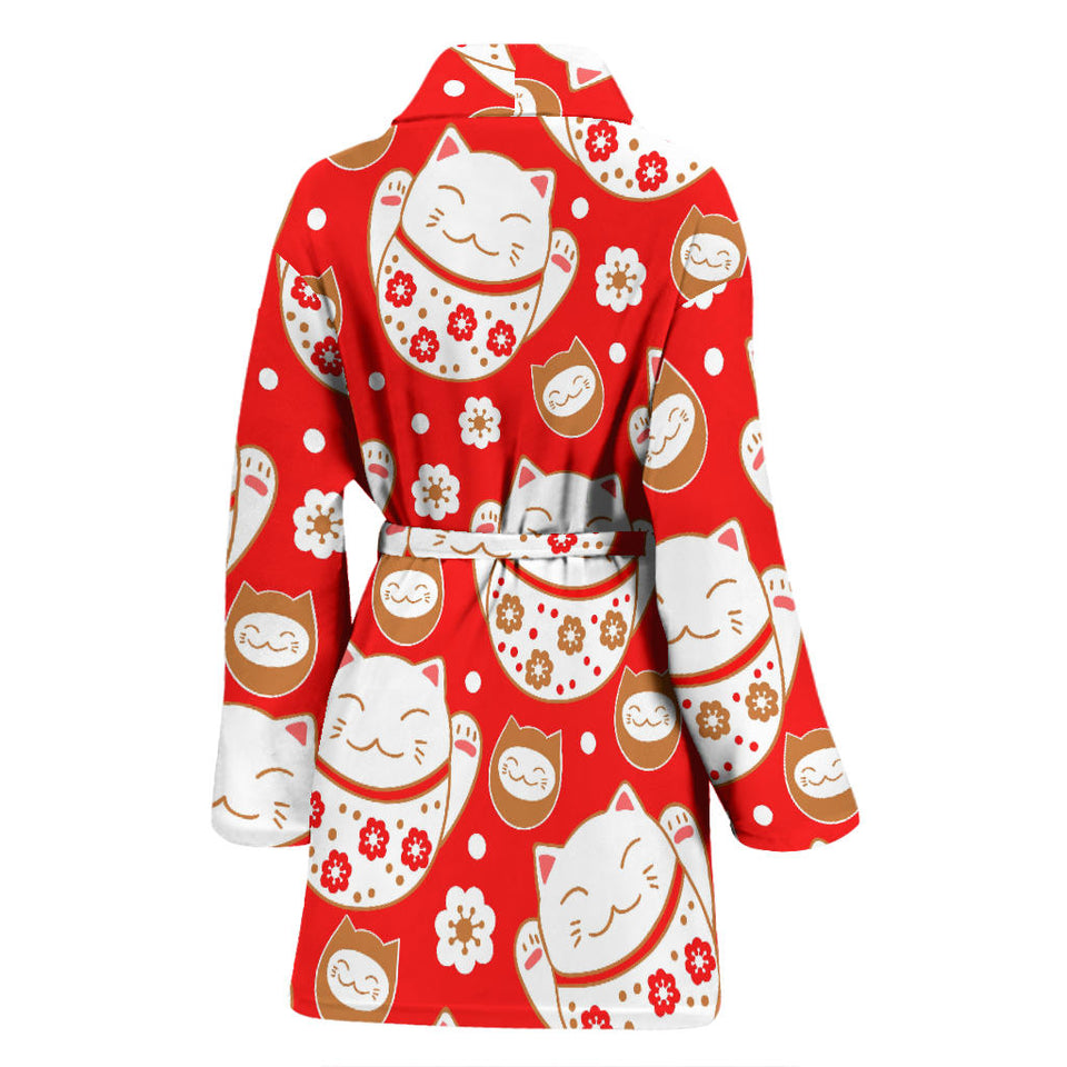 Cute Maneki Neko Lucky Cat Red Background Women'S Bathrobe