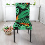 Heliconia Flower Palm Monstera Leaves Black Background Dining Chair Slipcover