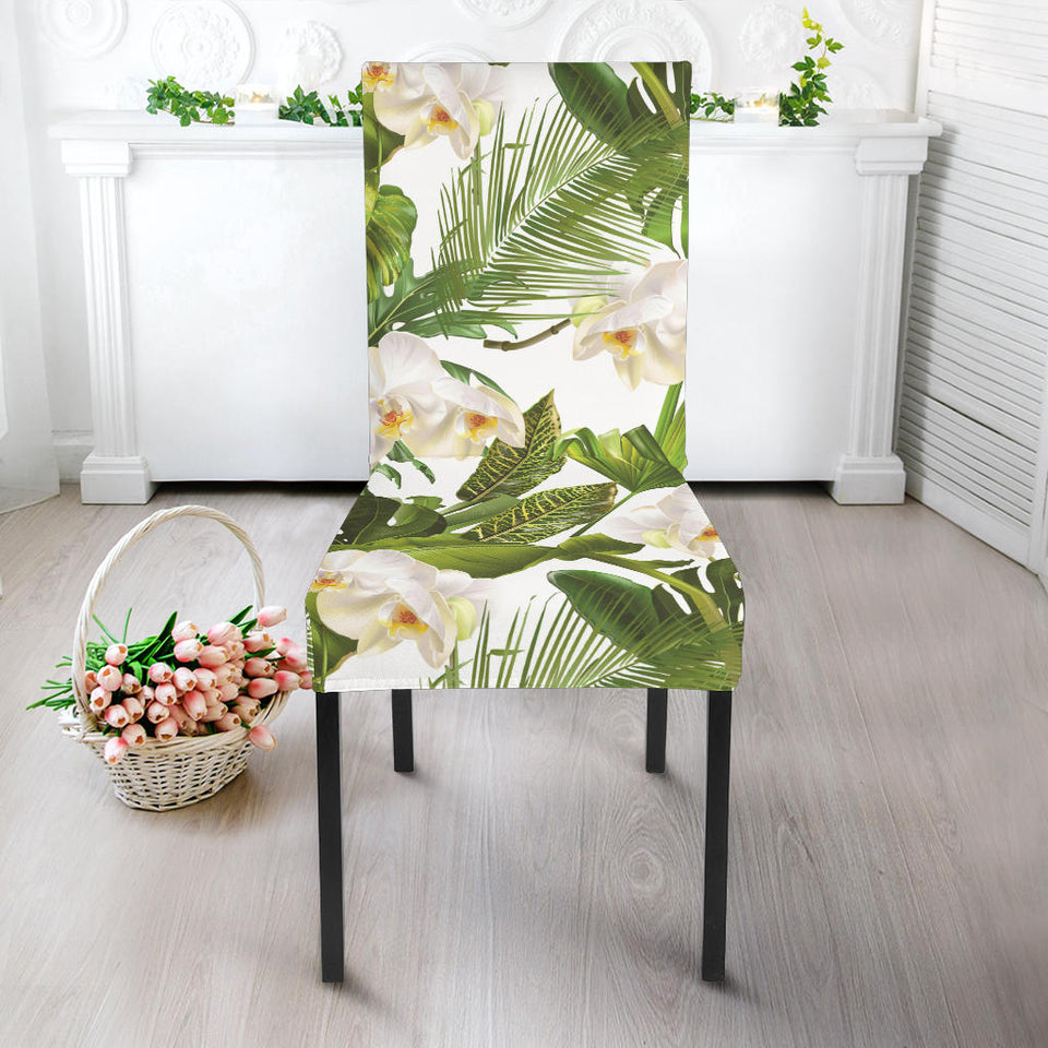 White Orchid Flower Tropical Leaves Pattern Dining Chair Slipcover