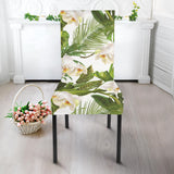 White Orchid Flower Tropical Leaves Pattern Dining Chair Slipcover