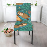 Cute Brown Sea Otters Ornamental Seaweed Corals Green Water Dining Chair Slipcover