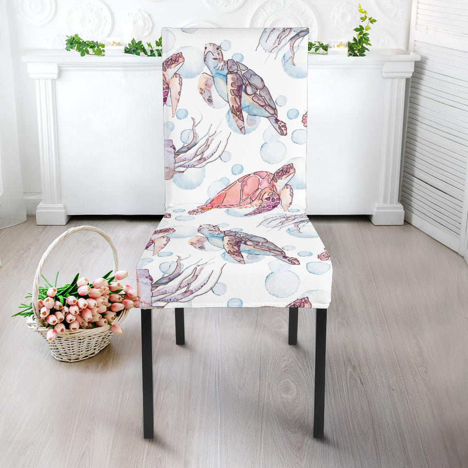 Watercolor Sea Turtle Jellyfish Pattern Dining Chair Slipcover