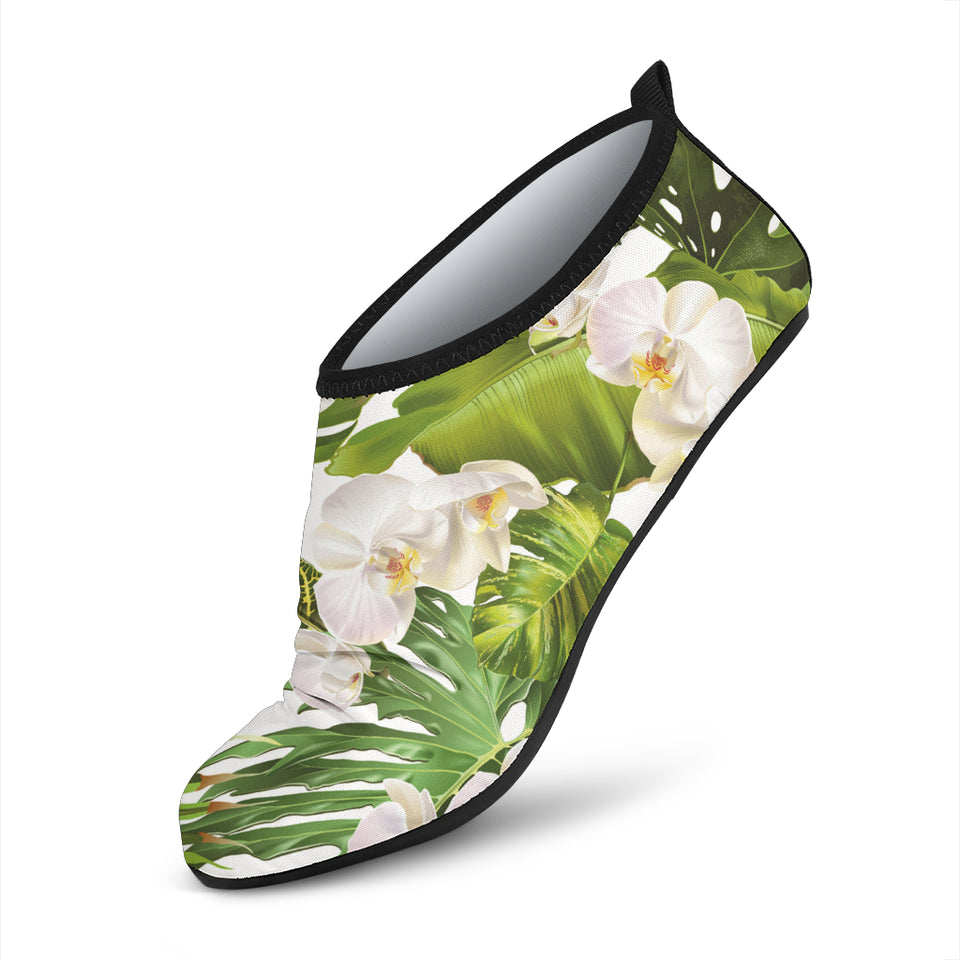White Orchid Flower Tropical Leaves Pattern Aqua Shoes