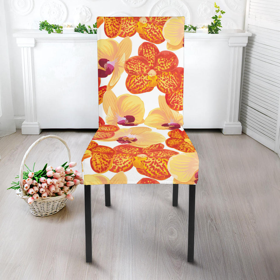 Orange Yellow Orchid Flower Pattern Background Dining Chair Slipcover