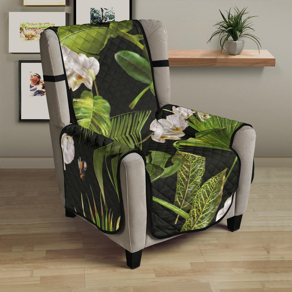 White orchid flower tropical leaves pattern blackground Chair Cover Protector