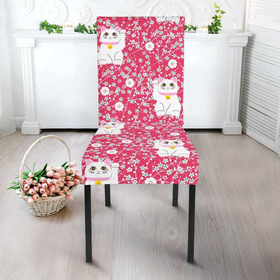 Maneki Neko Lucky Cat Sakura Pink Background Dining Chair Slipcover