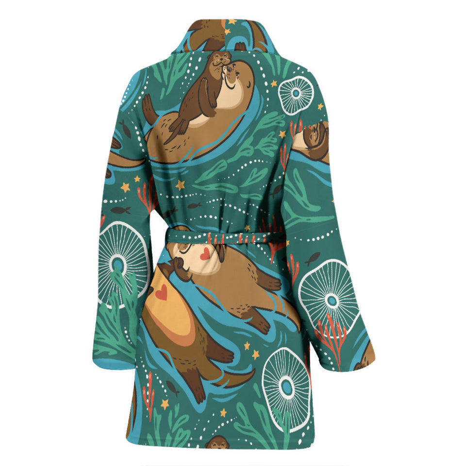 Cute Brown Sea Otters Ornamental Seaweed Corals Green Water Women'S Bathrobe