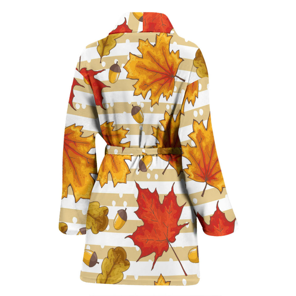 Maple Leaf Oak Leaf Acorns Beige Striped Background Women'S Bathrobe