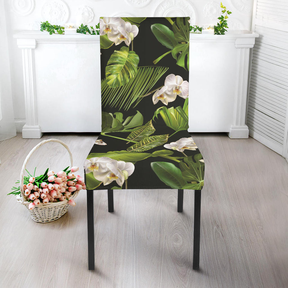 White Orchid Flower Tropical Leaves Pattern Blackground Dining Chair Slipcover