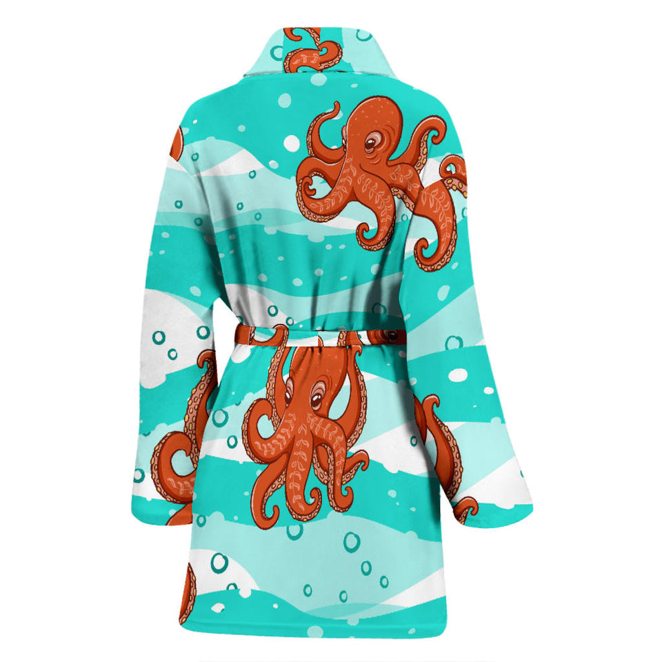 Octopuses Sea Wave Background Women'S Bathrobe