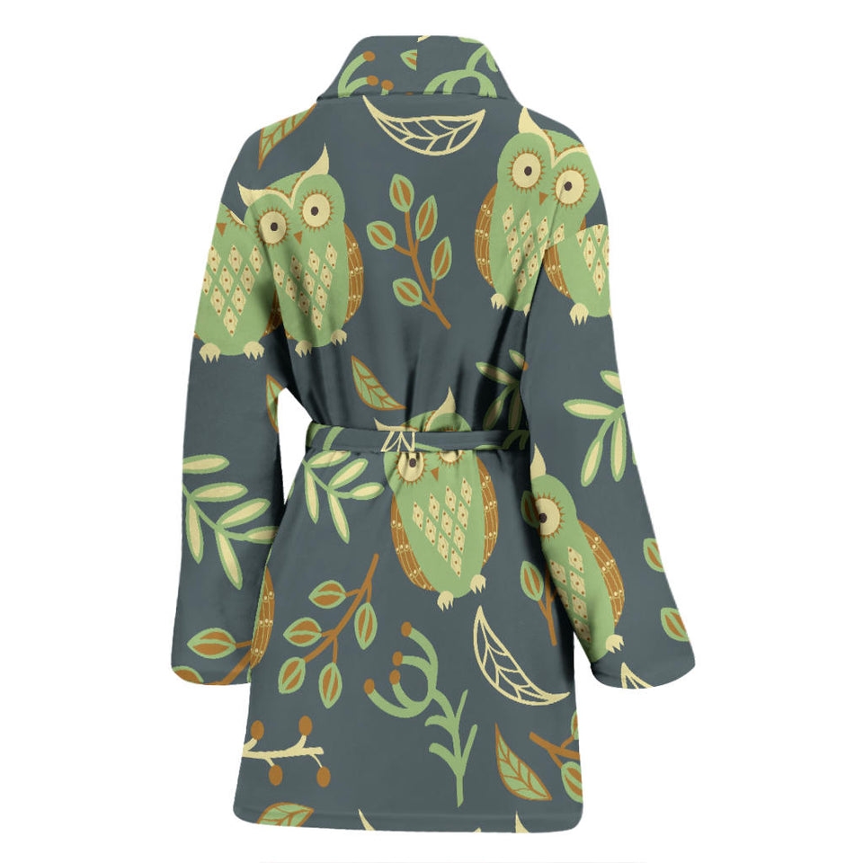 Cute Owls Leaves Pattern Women'S Bathrobe