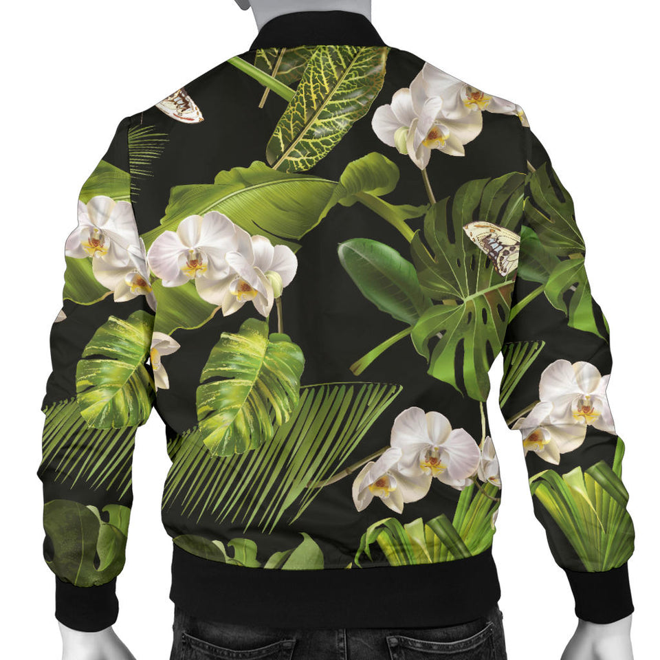 White Orchid Flower Tropical Leaves Pattern Blackground Men'S Bomber Jacket