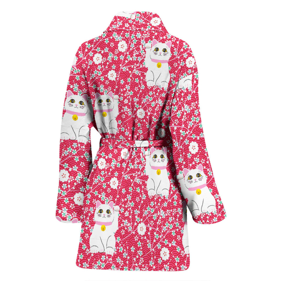 Maneki Neko Lucky Cat Sakura Pink Background Women'S Bathrobe