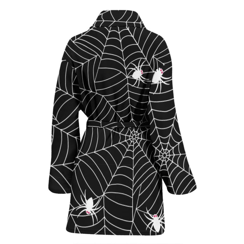 Spider Web Design Pattern Black Background White Cobweb Women'S Bathrobe