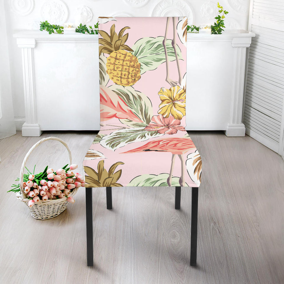 Pink Flamingo Birds Pineapples Hibiscus Flower Pattern Dining Chair Slipcover