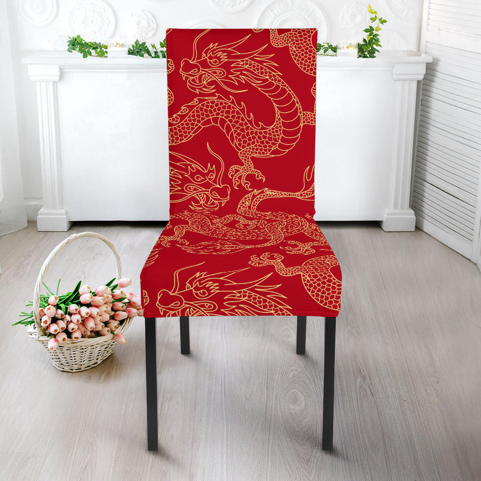 Gold Dragons Red Background Dining Chair Slipcover