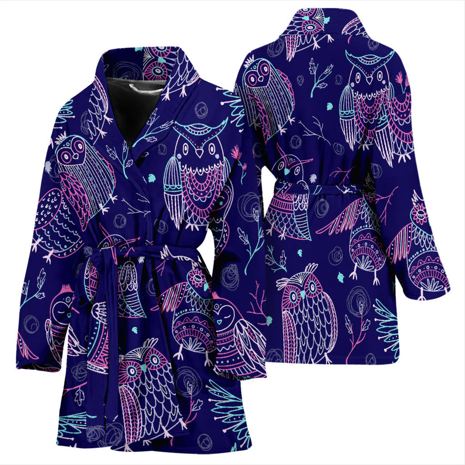 Cute Owls Pattern Boho Style Ornament Women'S Bathrobe