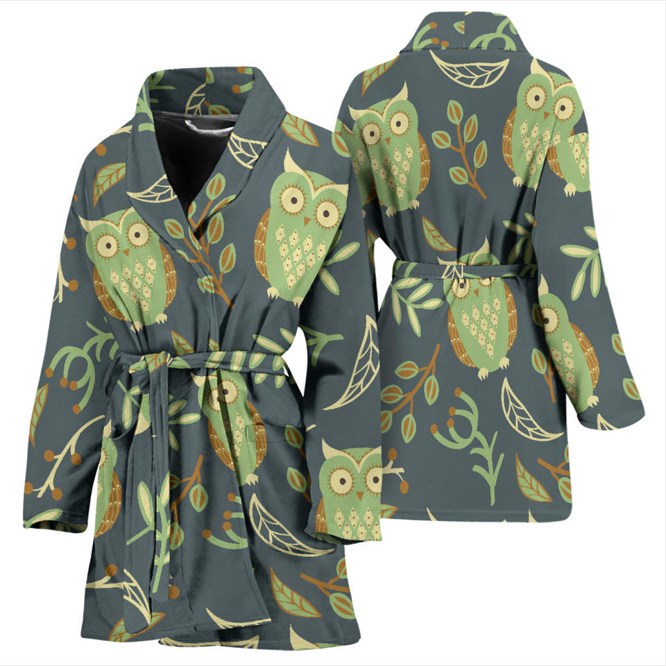 Cute Owls Leaves Pattern Women'S Bathrobe