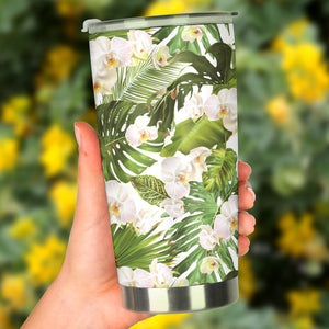 White Orchid Flower Tropical Leaves Pattern Tumbler