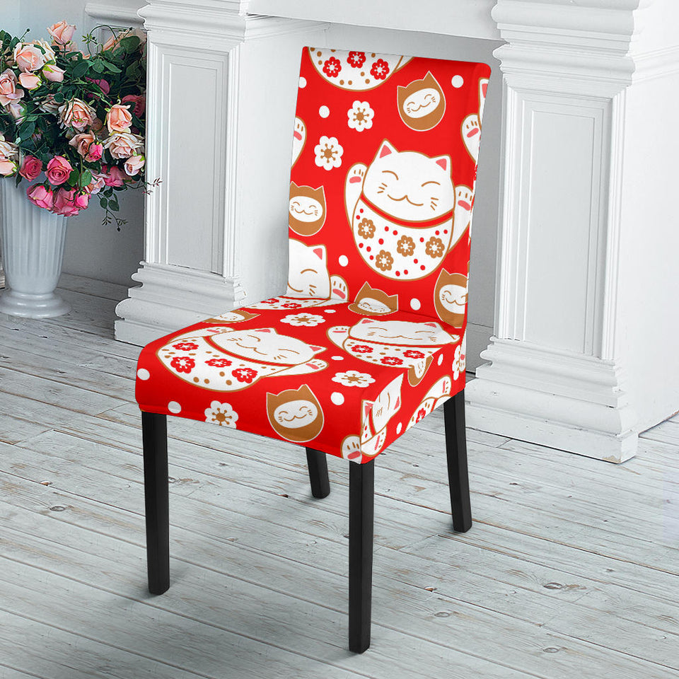 Cute Maneki Neko Lucky Cat Red Background Dining Chair Slipcover
