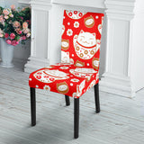 Cute Maneki Neko Lucky Cat Red Background Dining Chair Slipcover